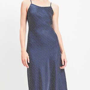 Gorgeous Ann Taylor LOFT satin midi dress in a navy and white dotted print